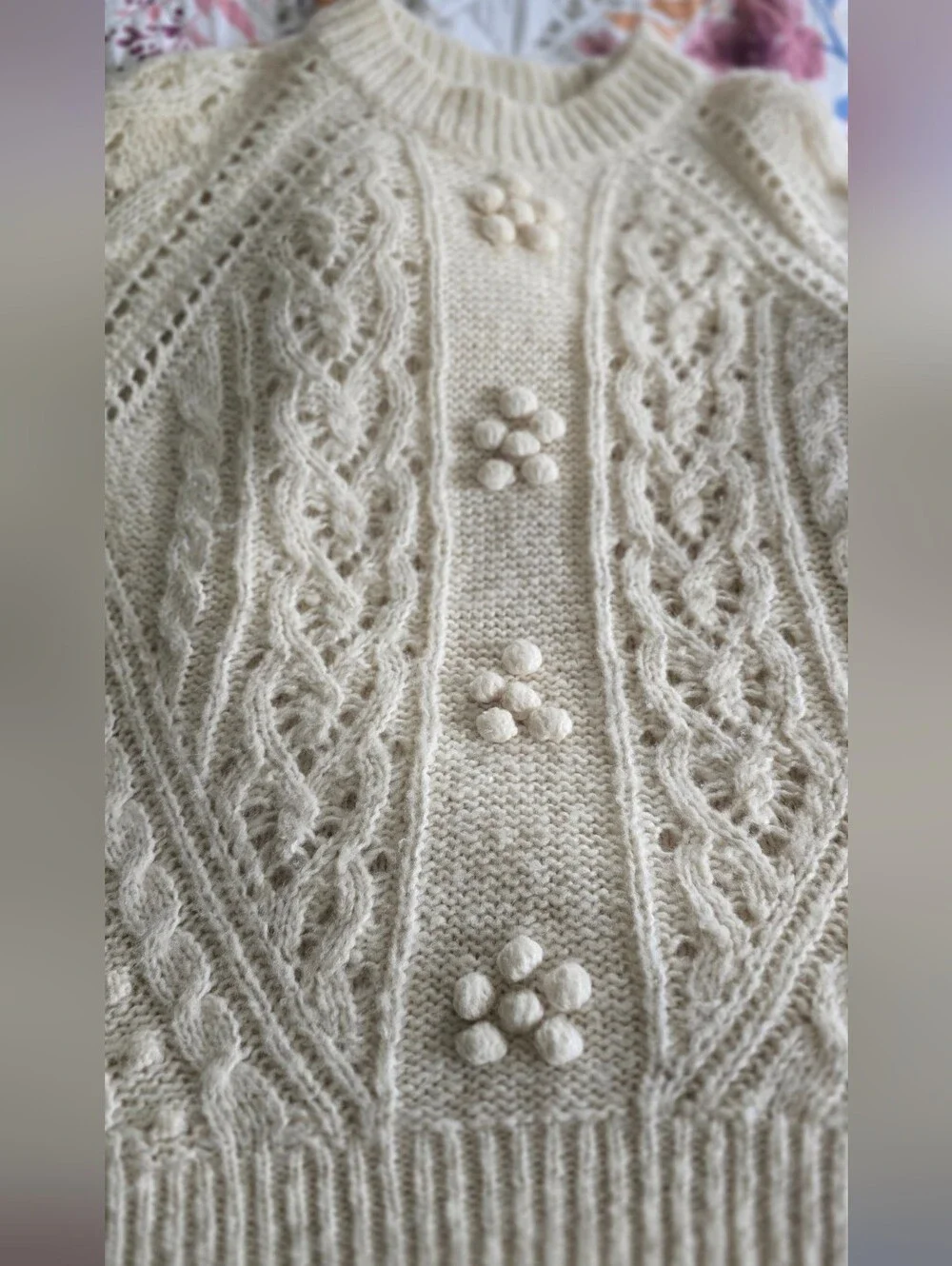 Cable Knit Crewneck Sweater with Floral Bobble Accents - Cream